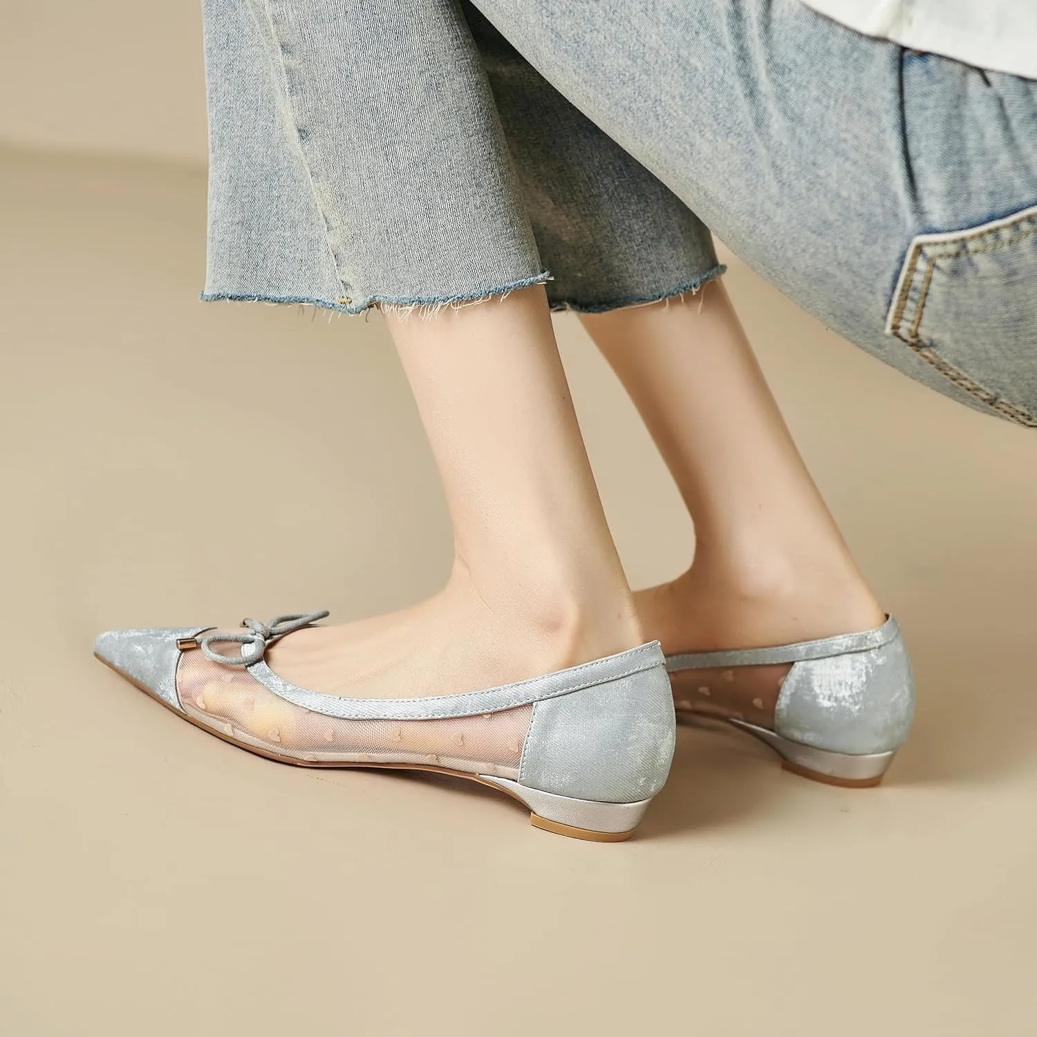 Womens Mesh Ballet Flats Retro Slip on Embroidered Pointed Toe Flats Comfortable Pointy Low Heel Bow Dress Shoes