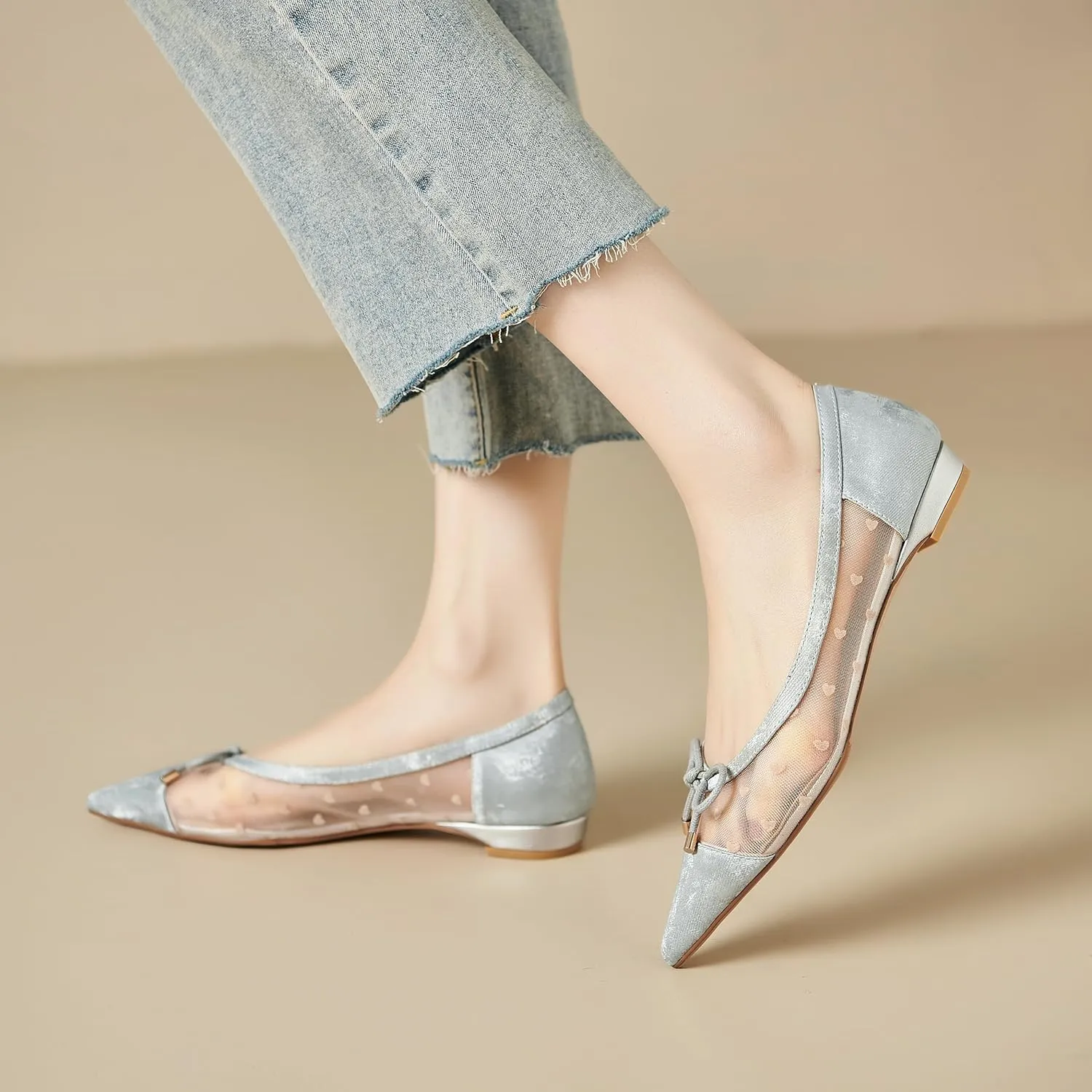 Womens Mesh Ballet Flats Retro Slip on Embroidered Pointed Toe Flats Comfortable Pointy Low Heel Bow Dress Shoes