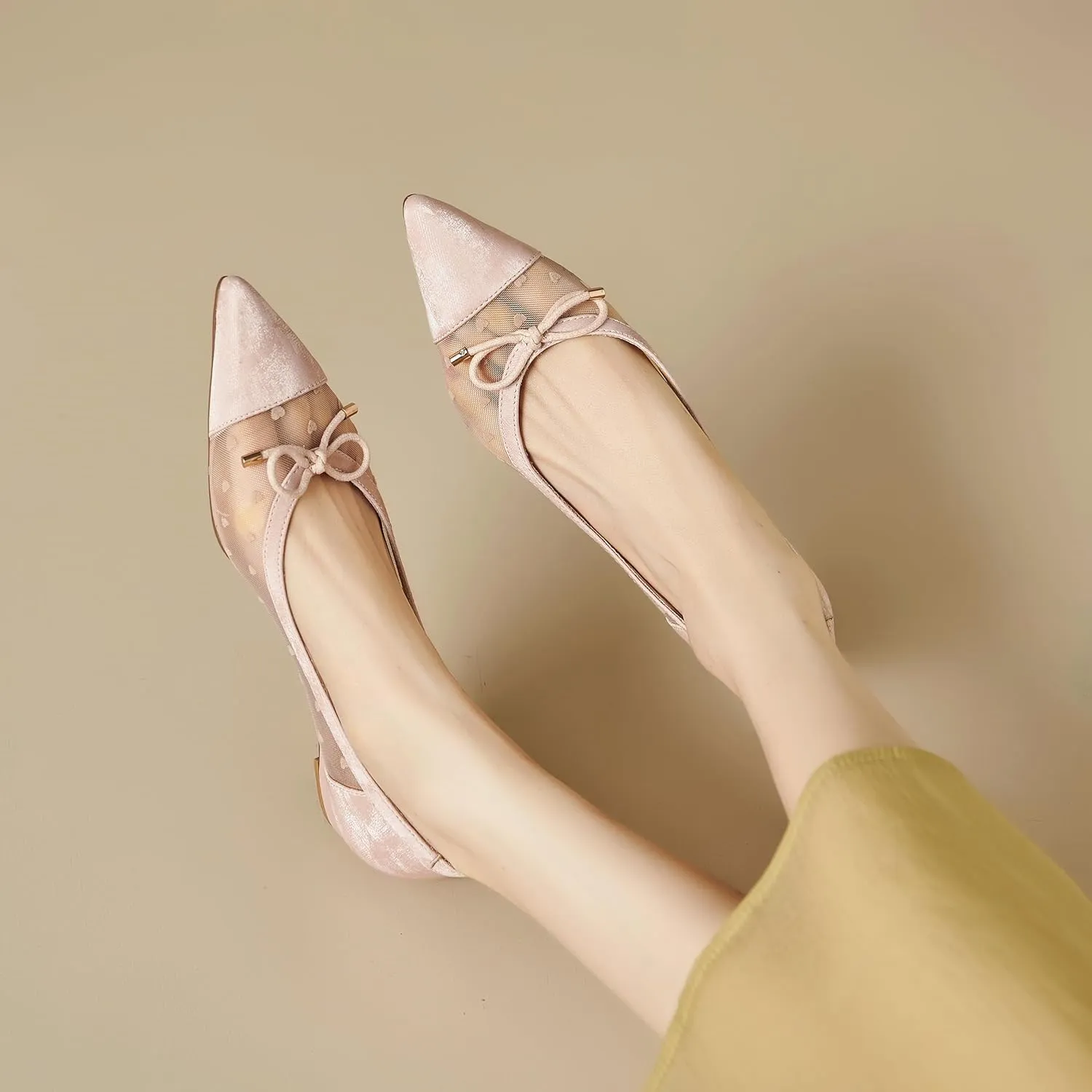 Womens Mesh Ballet Flats Retro Slip on Embroidered Pointed Toe Flats Comfortable Pointy Low Heel Bow Dress Shoes
