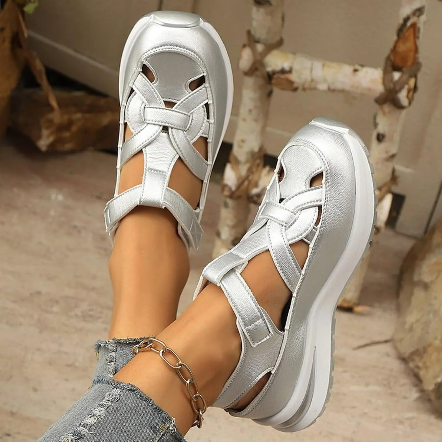Women's Orthotic Platform Sport Sandals with Arch Support Summer Fashion Breathable Closed Toe Leather Thick Soled Hollow Comfortable Sneakers Wide Width Casual Lightweight Walking Wedge Shoes
