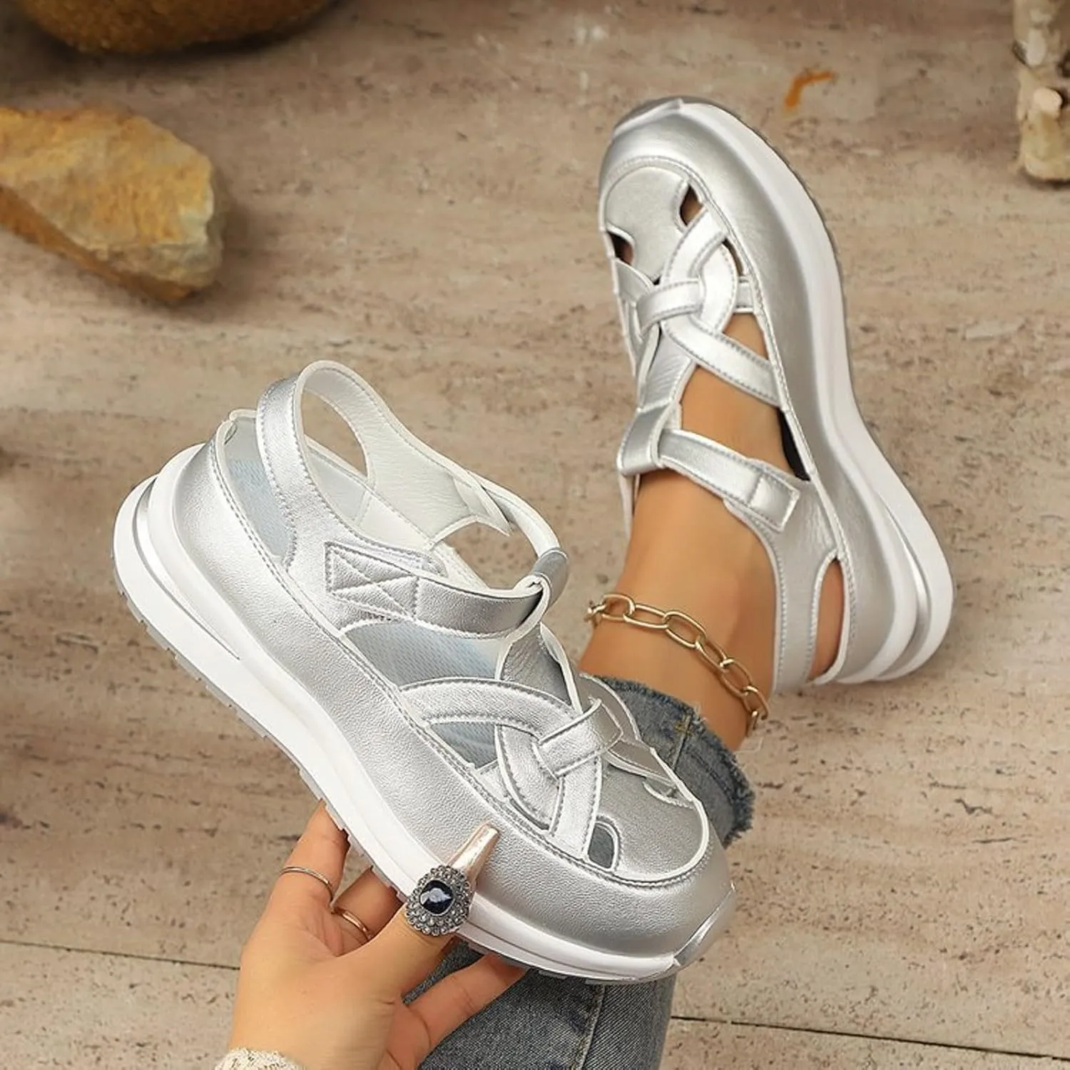 Women's Orthotic Platform Sport Sandals with Arch Support Summer Fashion Breathable Closed Toe Leather Thick Soled Hollow Comfortable Sneakers Wide Width Casual Lightweight Walking Wedge Shoes