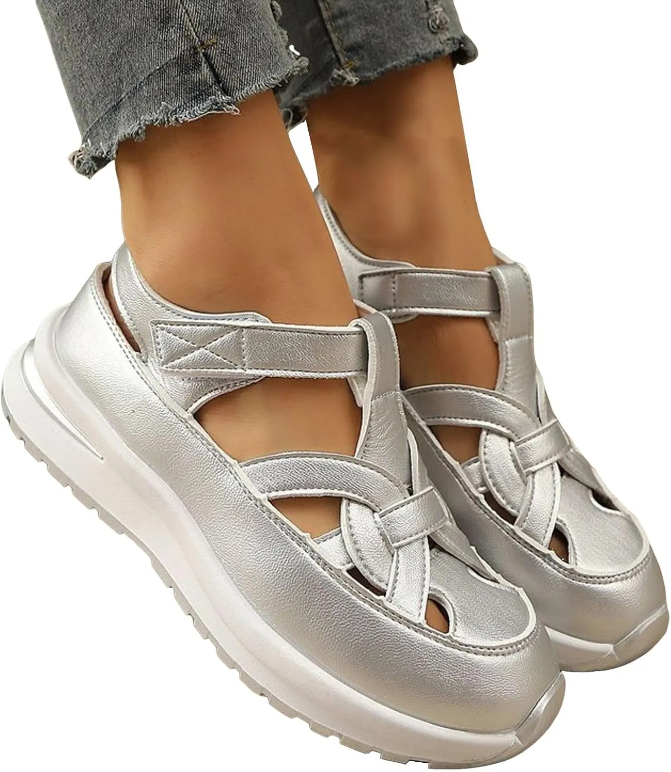 Women's Orthotic Platform Sport Sandals with Arch Support Summer Fashion Breathable Closed Toe Leather Thick Soled Hollow Comfortable Sneakers Wide Width Casual Lightweight Walking Wedge Shoes