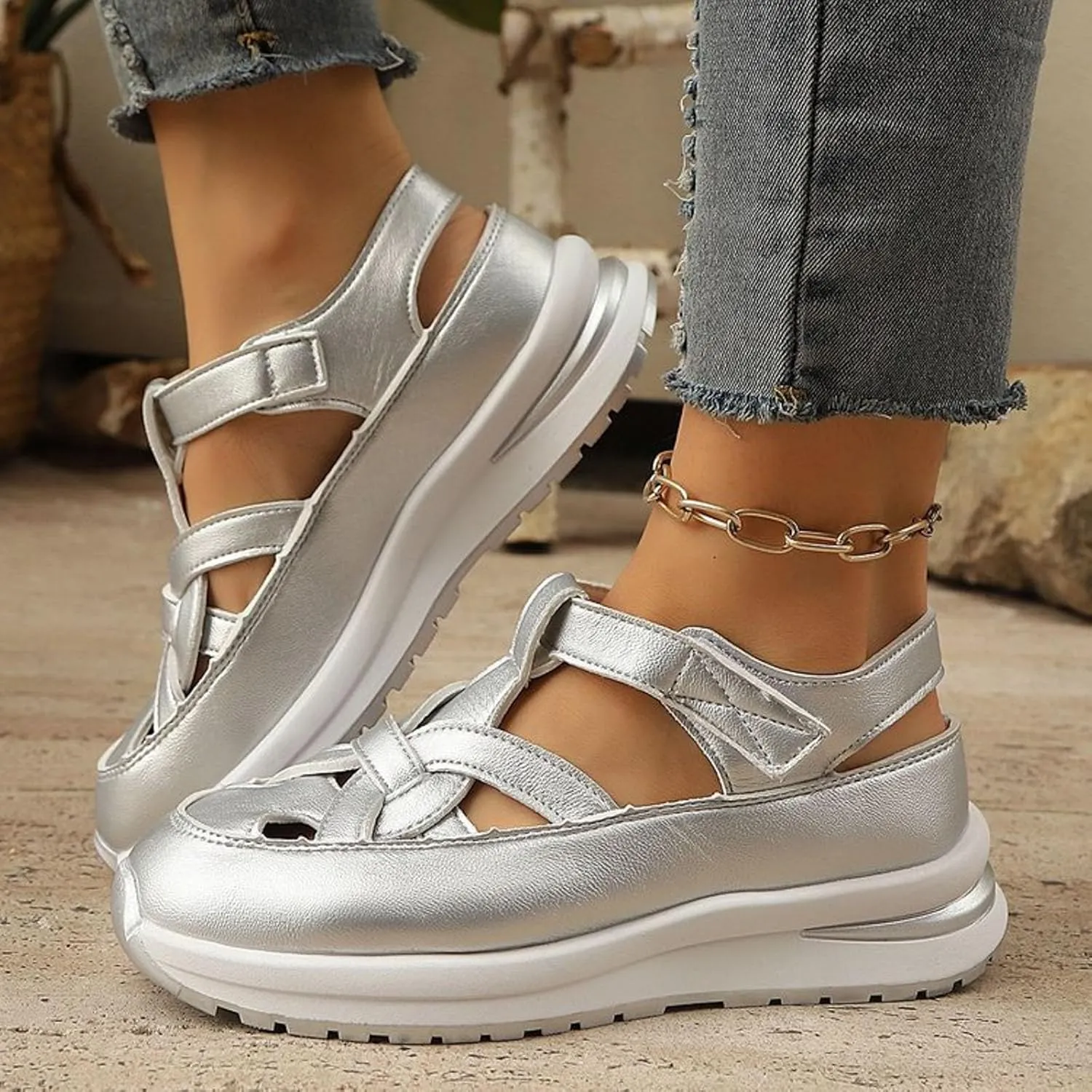 Women's Orthotic Platform Sport Sandals with Arch Support Summer Fashion Breathable Closed Toe Leather Thick Soled Hollow Comfortable Sneakers Wide Width Casual Lightweight Walking Wedge Shoes