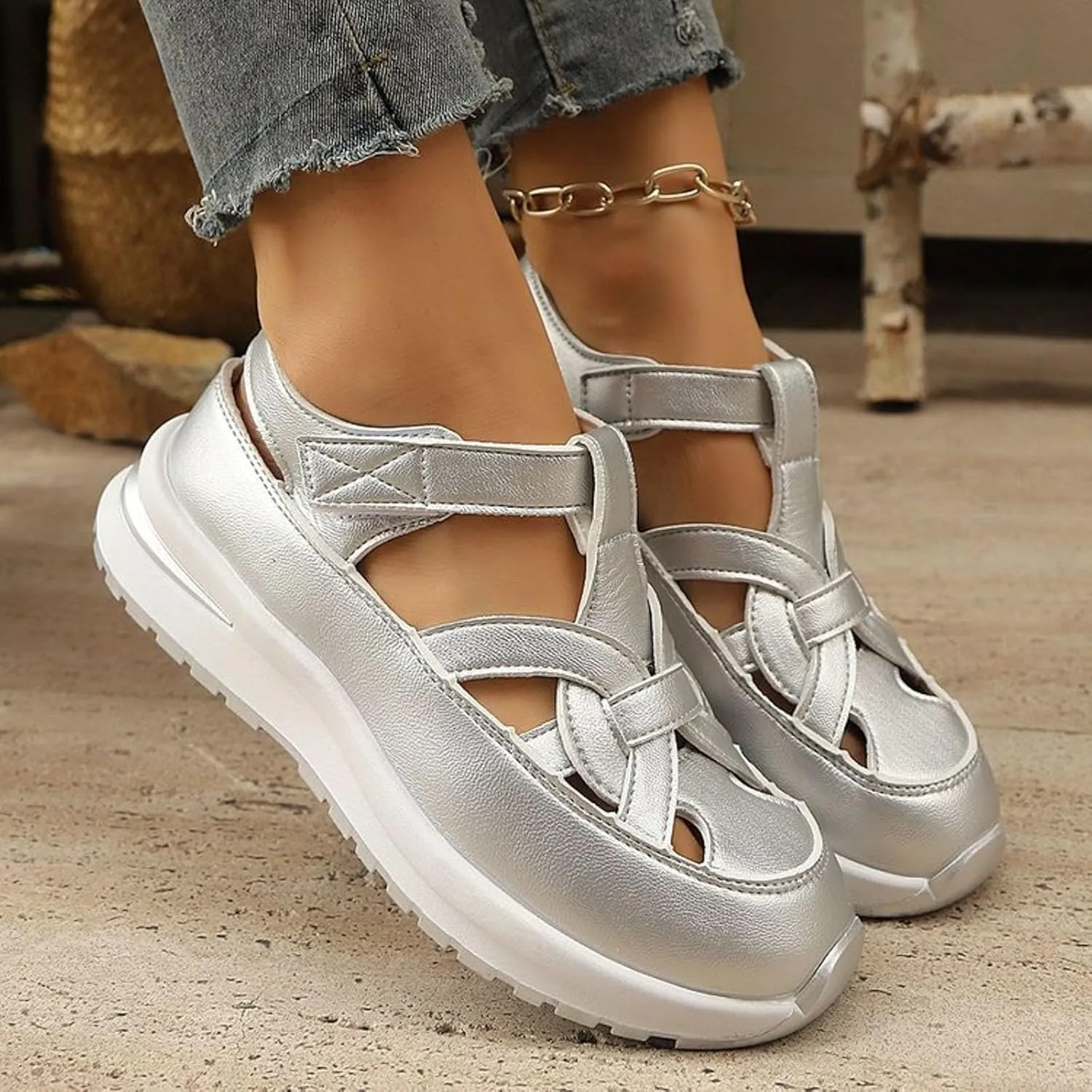 Women's Orthotic Platform Sport Sandals with Arch Support Summer Fashion Breathable Closed Toe Leather Thick Soled Hollow Comfortable Sneakers Wide Width Casual Lightweight Walking Wedge Shoes