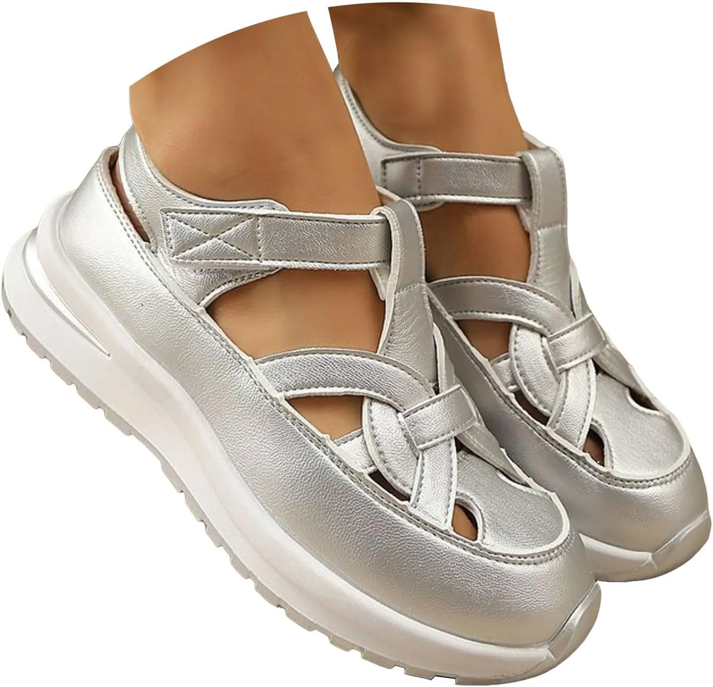 Women's Orthotic Platform Sport Sandals with Arch Support Summer Fashion Breathable Closed Toe Leather Thick Soled Hollow Comfortable Sneakers Wide Width Casual Lightweight Walking Wedge Shoes