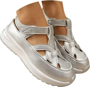 Women's Orthotic Platform Sport Sandals with Arch Support Summer Fashion Breathable Closed Toe Leather Thick Soled Hollow Comfortable Sneakers Wide Width Casual Lightweight Walking Wedge Shoes