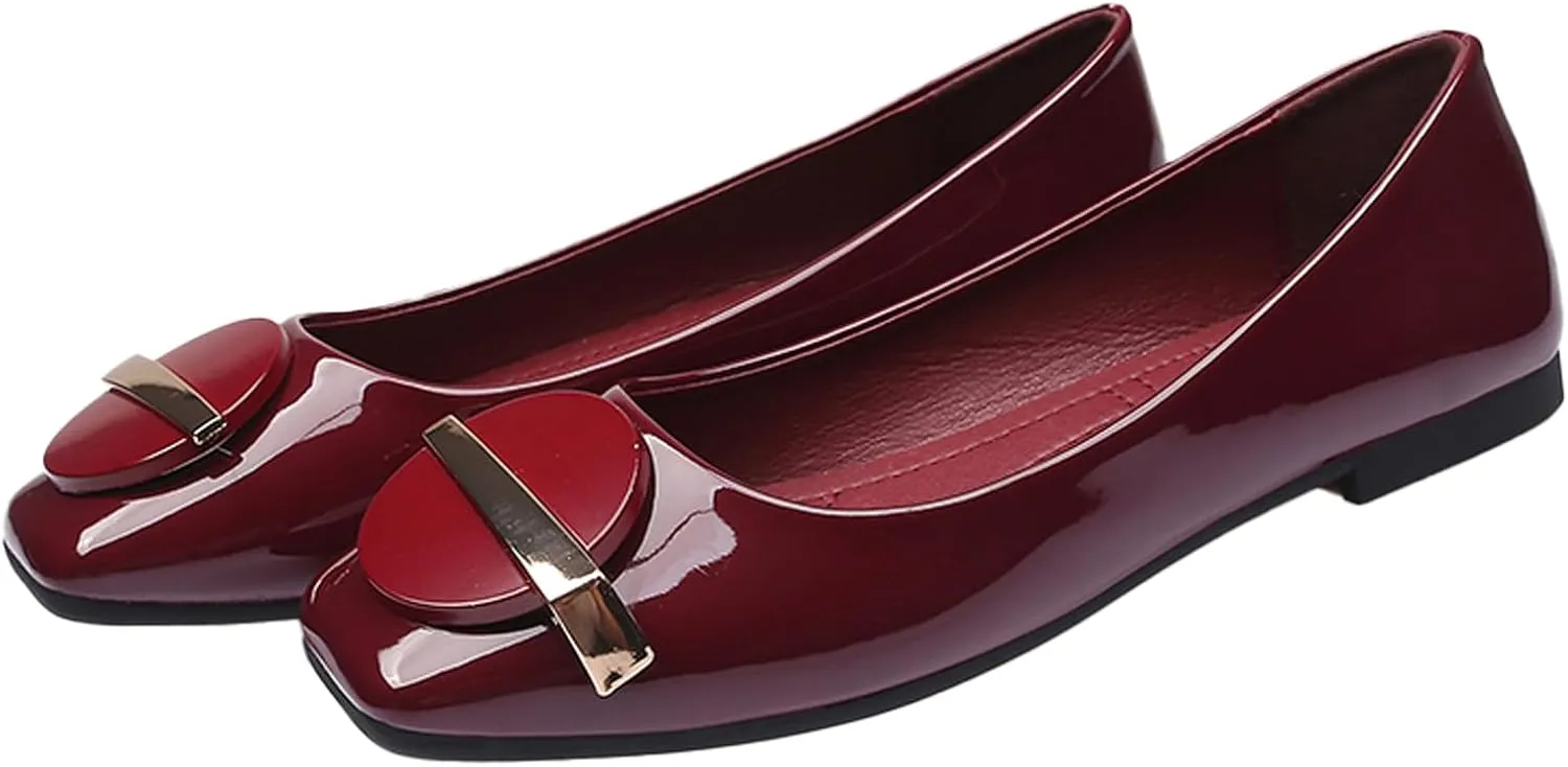 Women's Patent Leather Metal Buckle Dressy Ballet Flats Breathable & Lightweight Comfortable Square Toe Slip-On Walking Flats for Office Wedding Party
