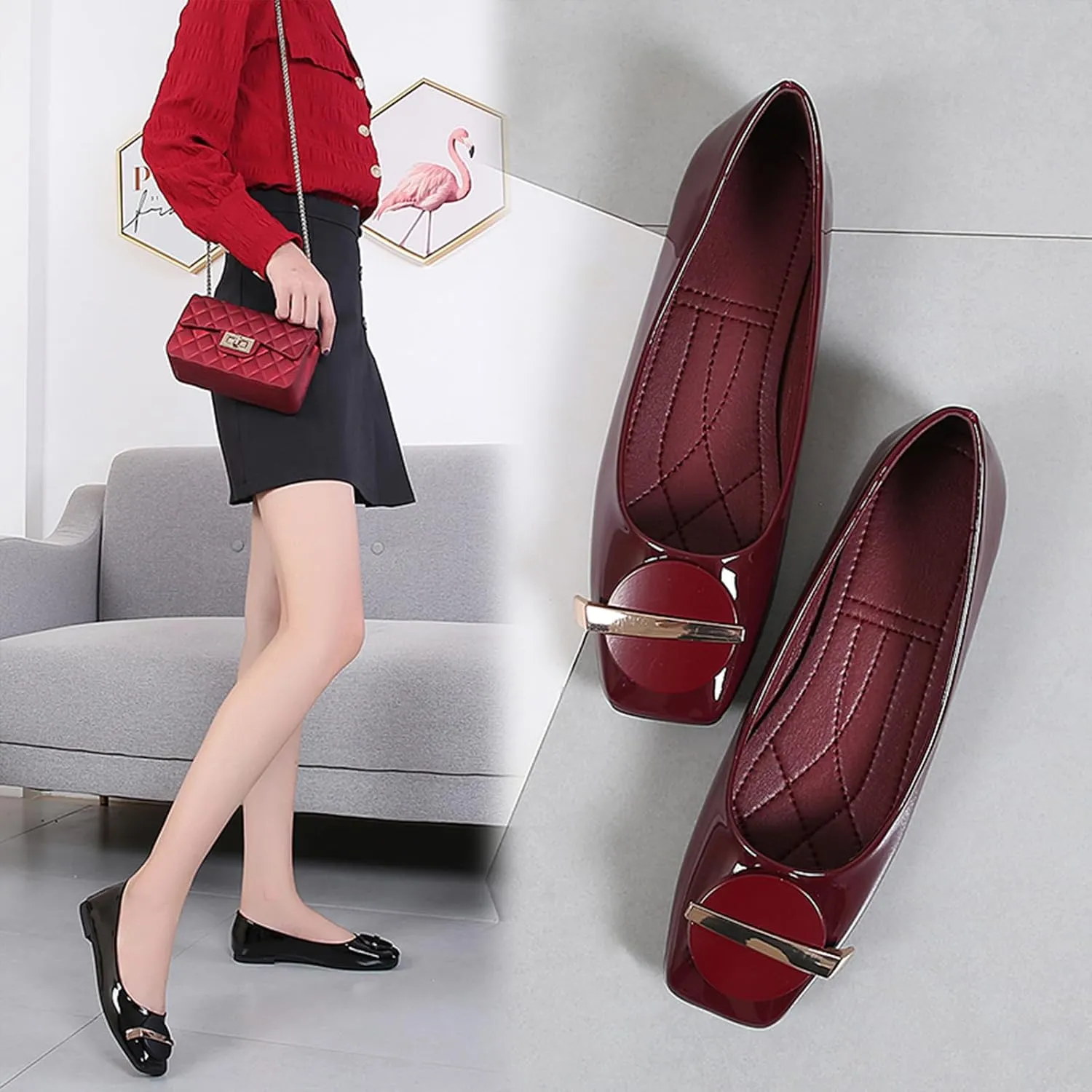 Women's Patent Leather Metal Buckle Dressy Ballet Flats Breathable & Lightweight Comfortable Square Toe Slip-On Walking Flats for Office Wedding Party