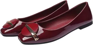Women's Patent Leather Metal Buckle Dressy Ballet Flats Breathable & Lightweight Comfortable Square Toe Slip-On Walking Flats for Office Wedding Party