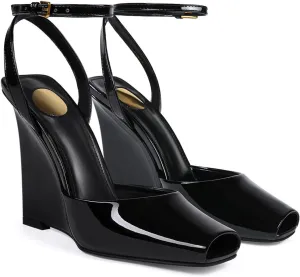 Womens Peep Toe Heels Open Toe Wedge Heels Stiletto Patent Leather Ankle Strap Buckle Sandalsfor Party, Wedding, Evening