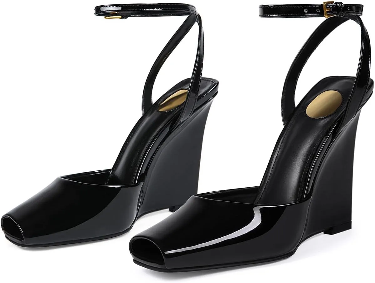 Womens Peep Toe Heels Open Toe Wedge Heels Stiletto Patent Leather Ankle Strap Buckle Sandalsfor Party, Wedding, Evening