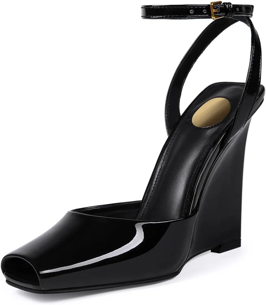 Womens Peep Toe Heels Open Toe Wedge Heels Stiletto Patent Leather Ankle Strap Buckle Sandalsfor Party, Wedding, Evening