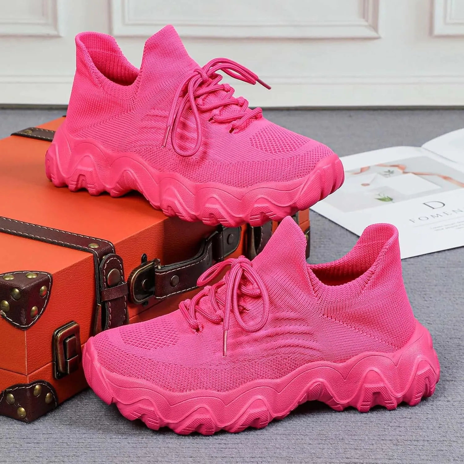 Women's Pink Ortho Pro Classic Casual Sneakers, Breathable Mesh, Lace-Up, Flat Heel, Round Toe