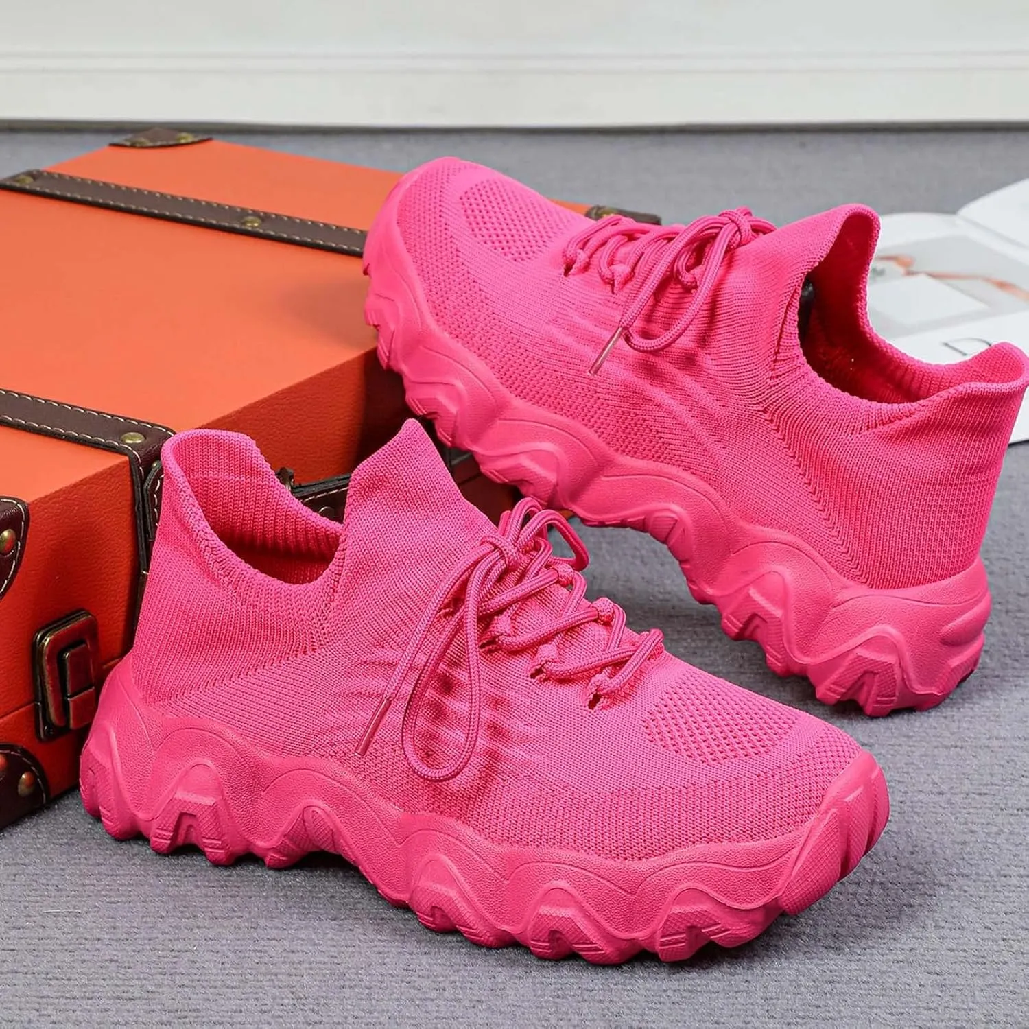 Women's Pink Ortho Pro Classic Casual Sneakers, Breathable Mesh, Lace-Up, Flat Heel, Round Toe