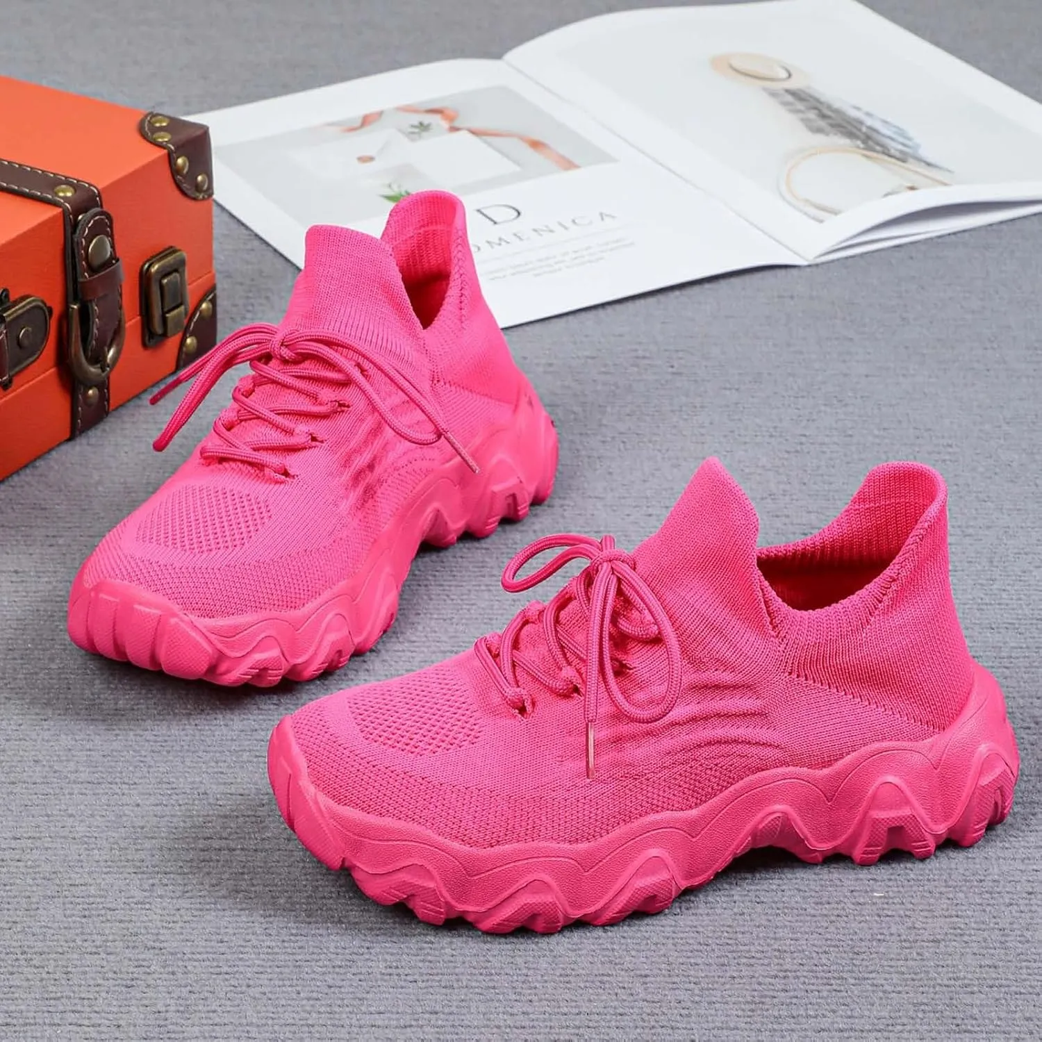 Women's Pink Ortho Pro Classic Casual Sneakers, Breathable Mesh, Lace-Up, Flat Heel, Round Toe