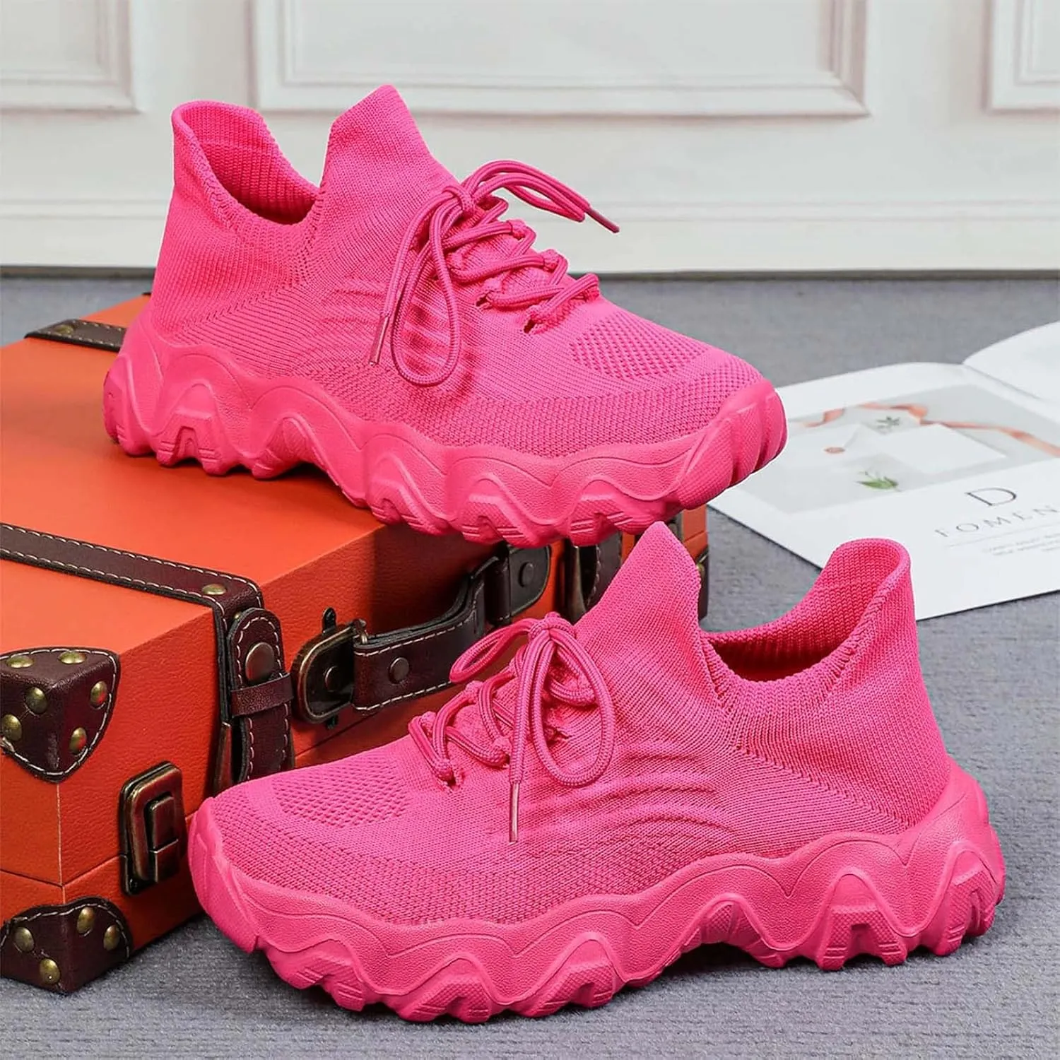 Women's Pink Ortho Pro Classic Casual Sneakers, Breathable Mesh, Lace-Up, Flat Heel, Round Toe