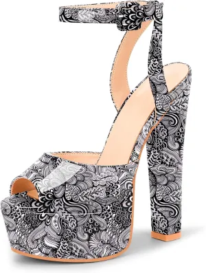 Women's Platform Chunky High Heel Sandals Open-Toe Ankle Strap Party Evening Shoes