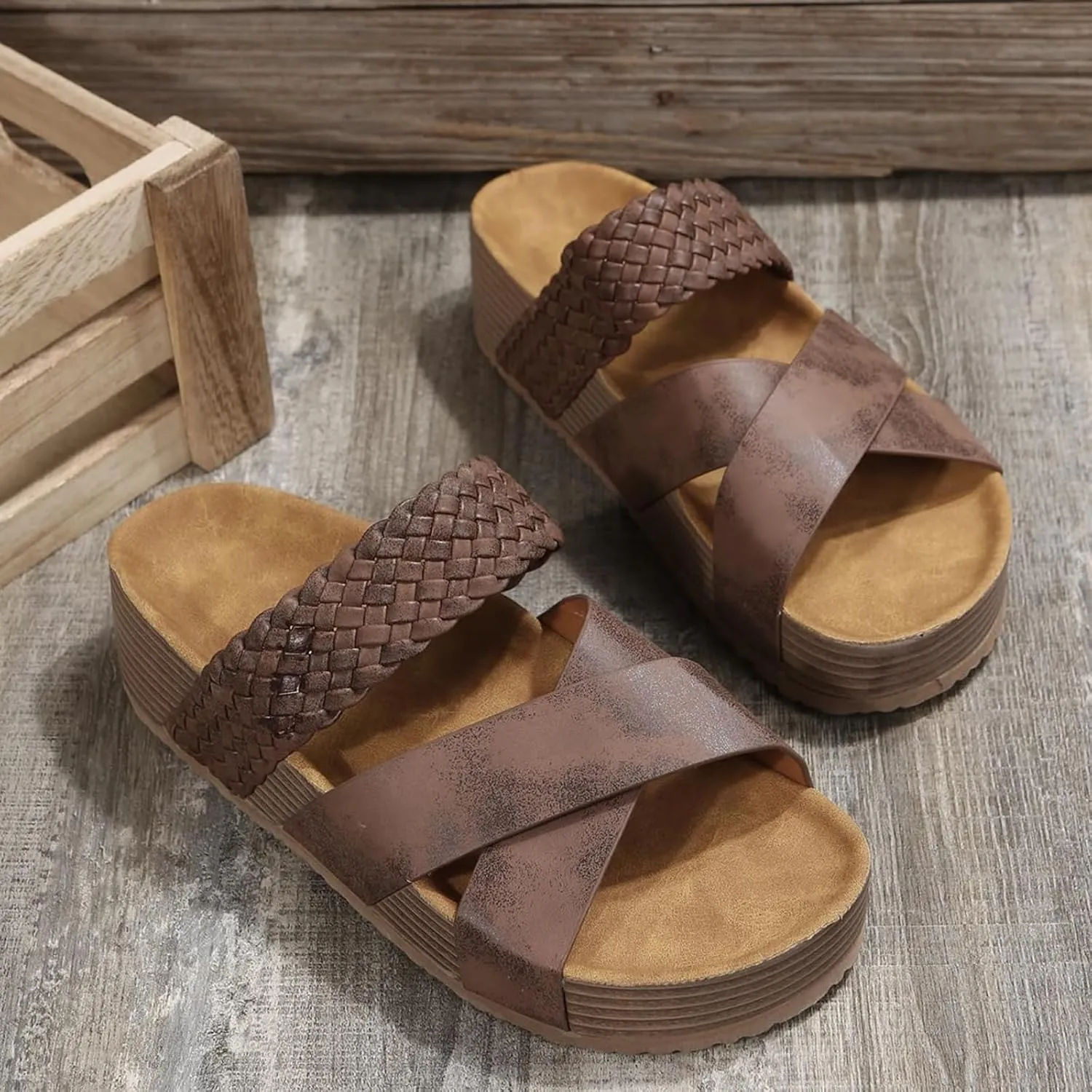 Womens Platform Sandals Open Toe Crisscross Band Upper Flatform Slide Sandal Summer Casual Slip On Walking Shoes