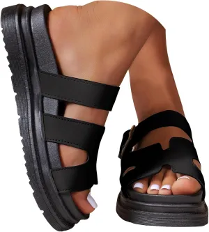 Womens Platform Sandals with Arch Support 2025 Solid Color Open Toe Summer Thick Soled Fashionable Casual Slippers Beach Outdoor Comfort Lightweight Leather Slip on Shoes