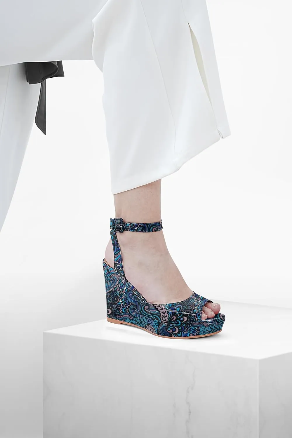 Women's Platform Wedge Sandals Round Peep Open Toe Ankle Strap Buckle Slingback High Heel Dress Shoes Patent Leather Heels