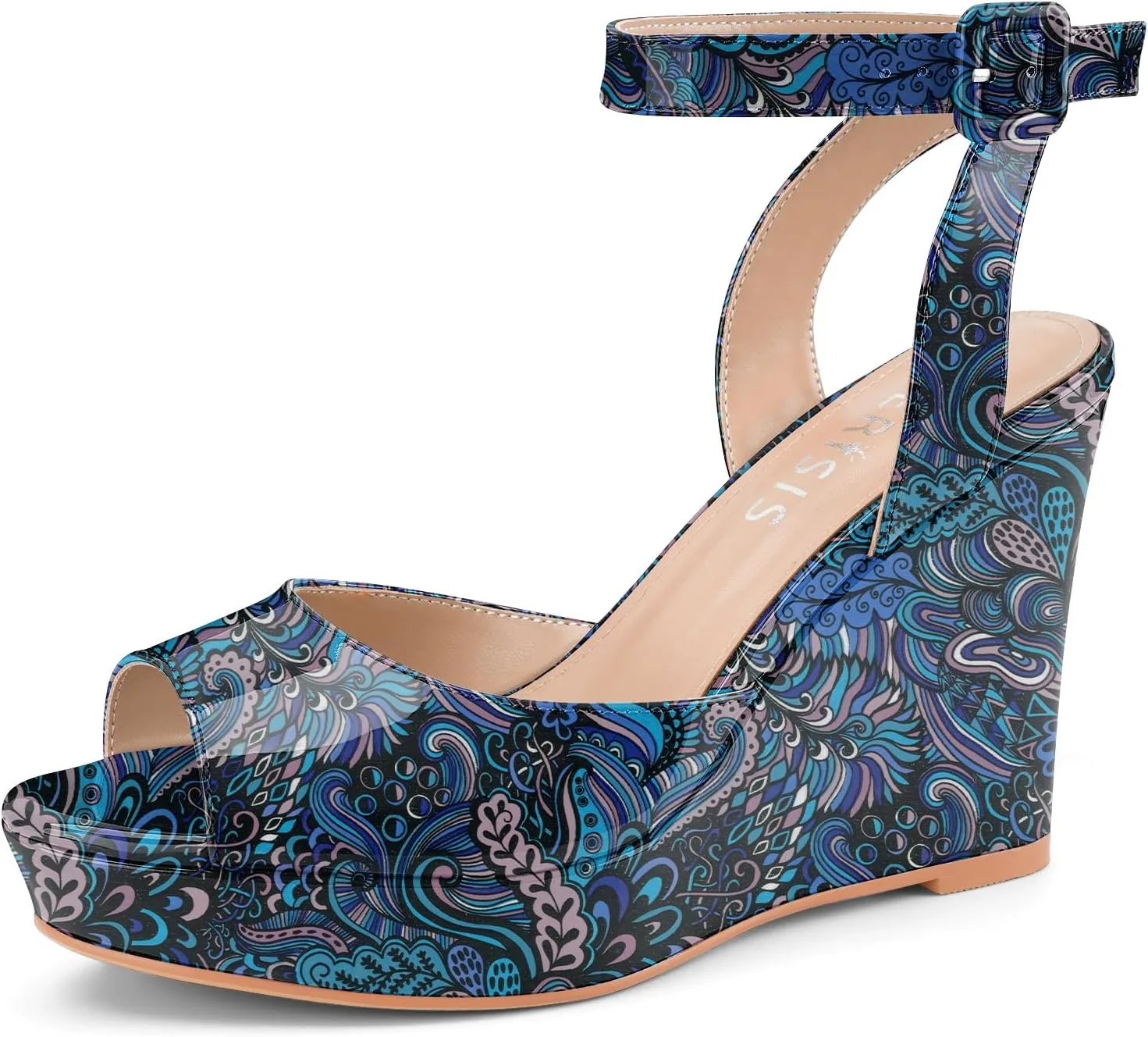 Women's Platform Wedge Sandals Round Peep Open Toe Ankle Strap Buckle Slingback High Heel Dress Shoes Patent Leather Heels