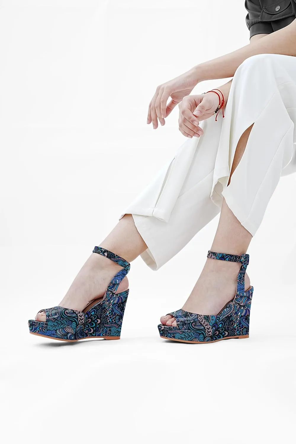 Women's Platform Wedge Sandals Round Peep Open Toe Ankle Strap Buckle Slingback High Heel Dress Shoes Patent Leather Heels