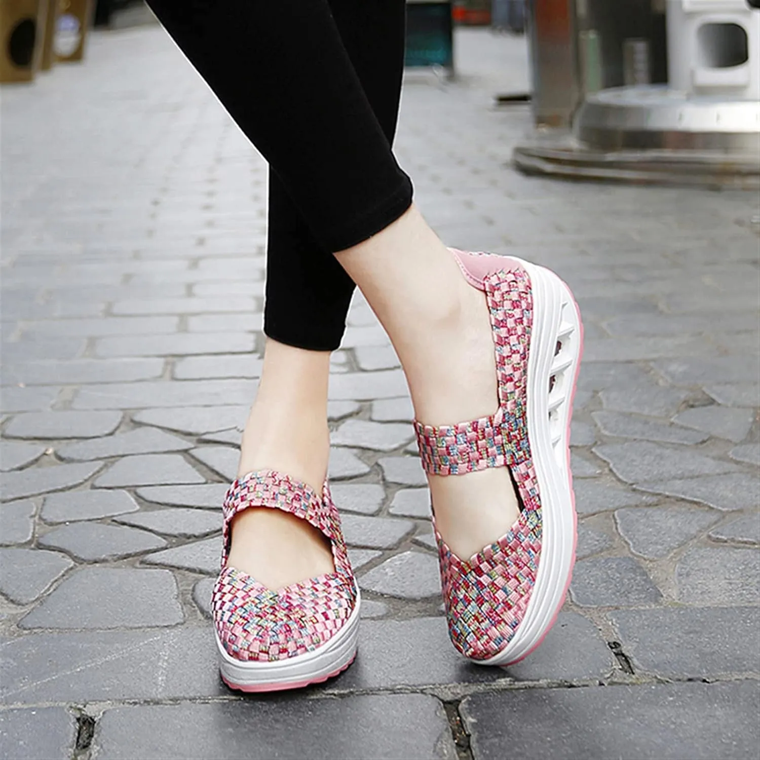 Women's Platform Wedge Sandals Slip on Woven Pumps Mary Jane Shoes Comfortable Walking Shoes