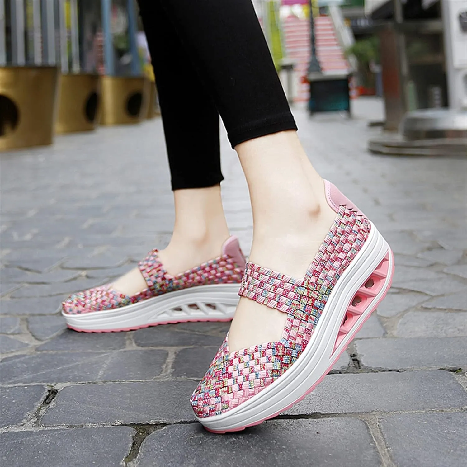 Women's Platform Wedge Sandals Slip on Woven Pumps Mary Jane Shoes Comfortable Walking Shoes