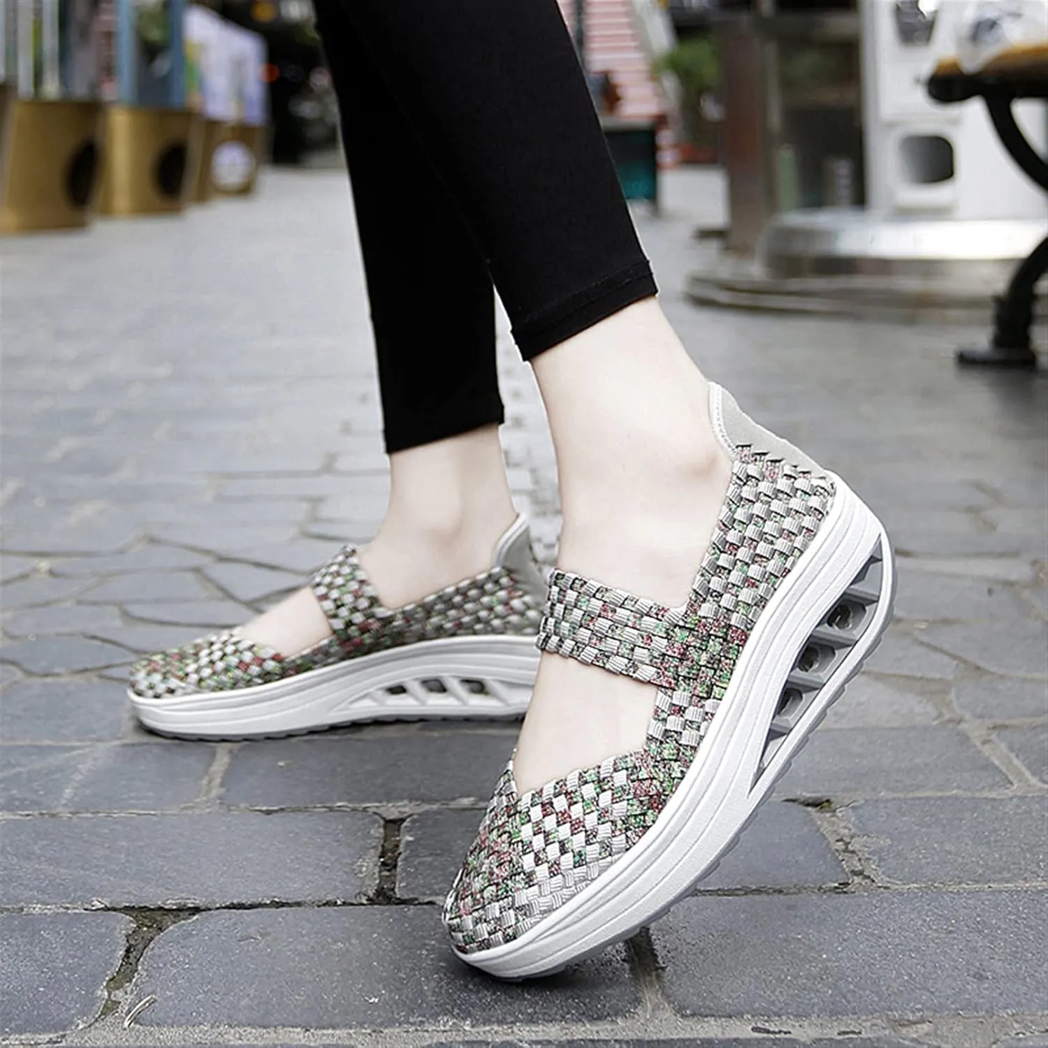 Women's Platform Wedge Sandals Slip on Woven Pumps Mary Jane Shoes Comfortable Walking Shoes