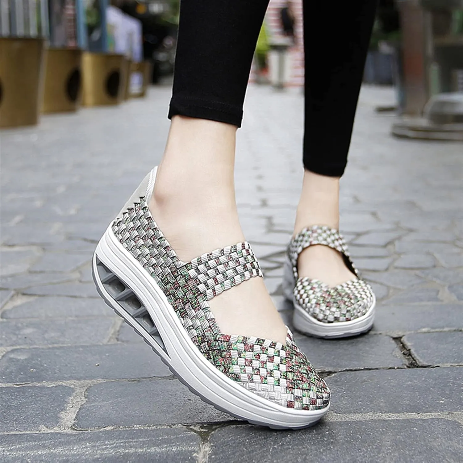 Women's Platform Wedge Sandals Slip on Woven Pumps Mary Jane Shoes Comfortable Walking Shoes
