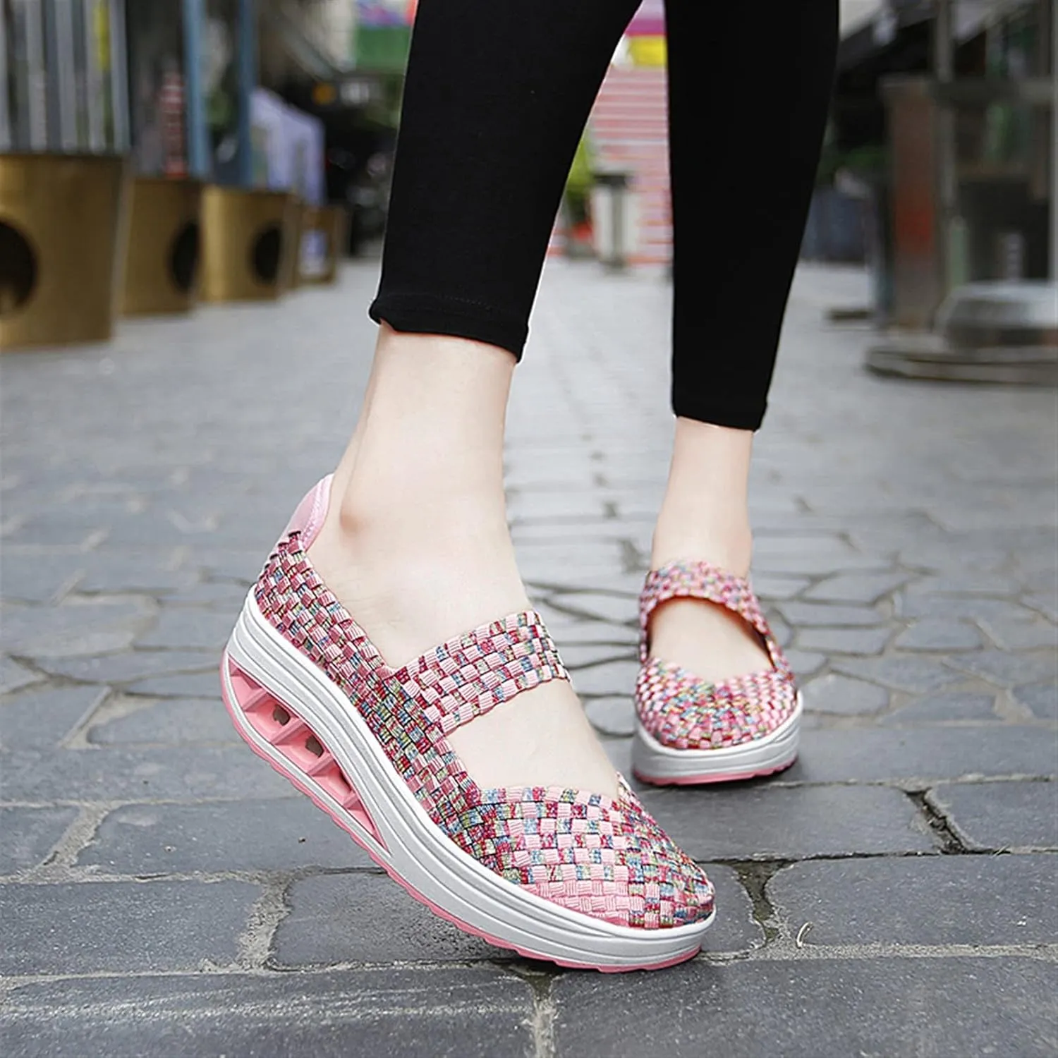 Women's Platform Wedge Sandals Slip on Woven Pumps Mary Jane Shoes Comfortable Walking Shoes