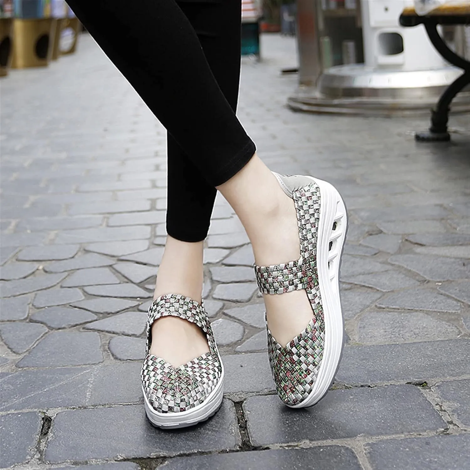 Women's Platform Wedge Sandals Slip on Woven Pumps Mary Jane Shoes Comfortable Walking Shoes