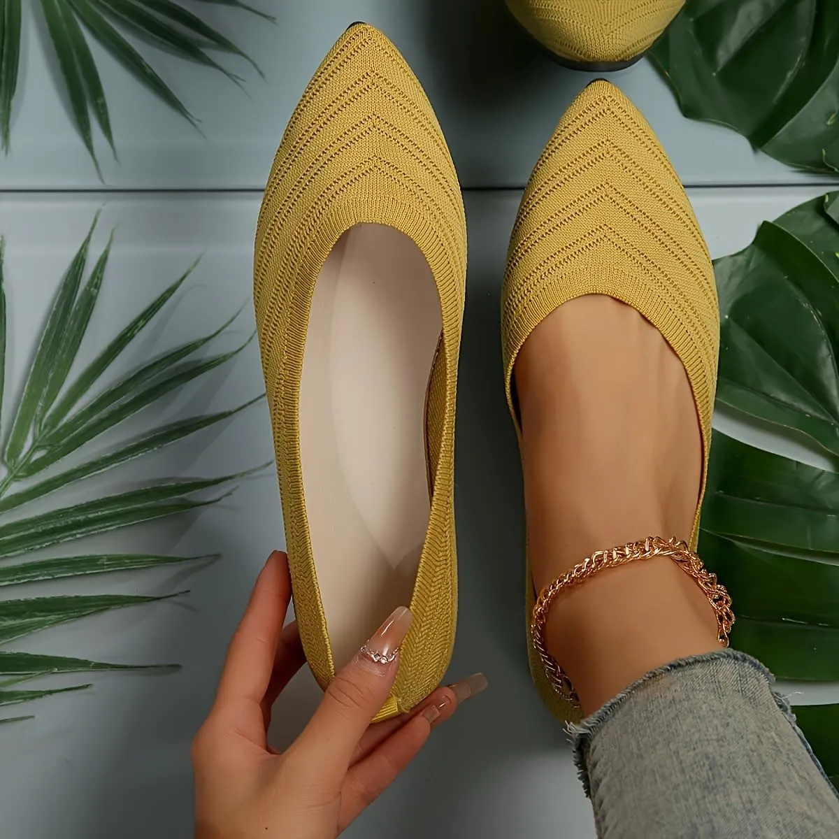 Women's Pointed Toe Flat Shoes, Solid Color Knitted Slip On Shoes, Casual Breathable Flats