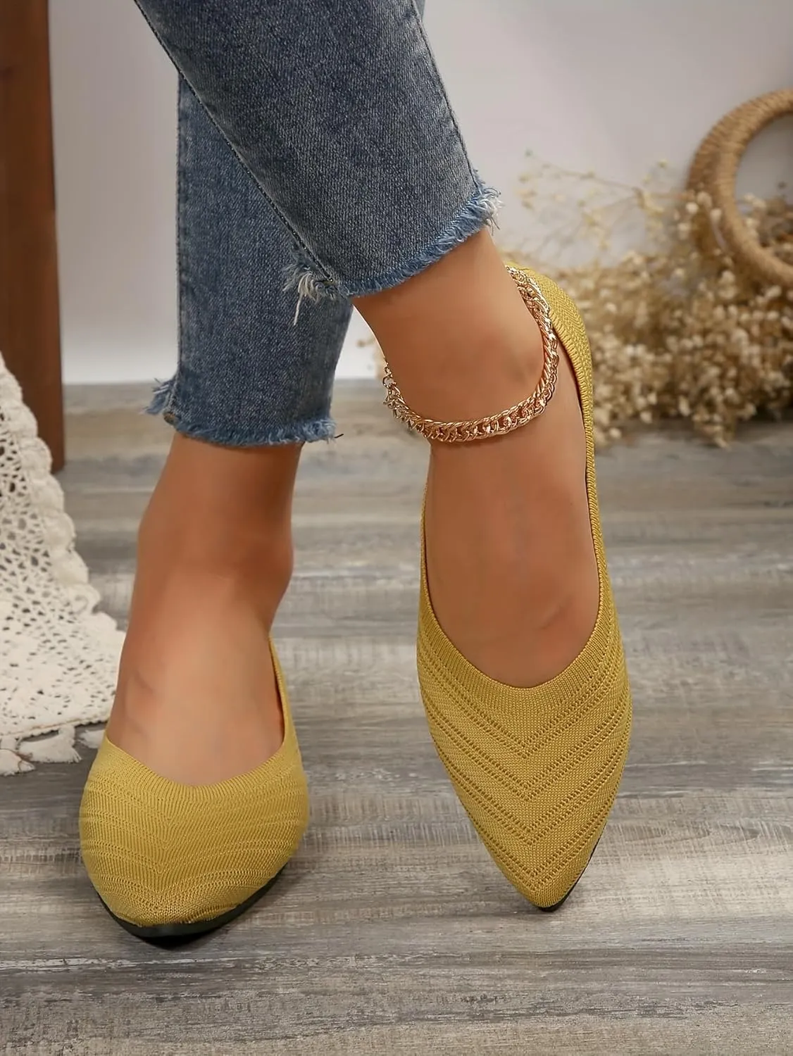 Women's Pointed Toe Flat Shoes, Solid Color Knitted Slip On Shoes, Casual Breathable Flats