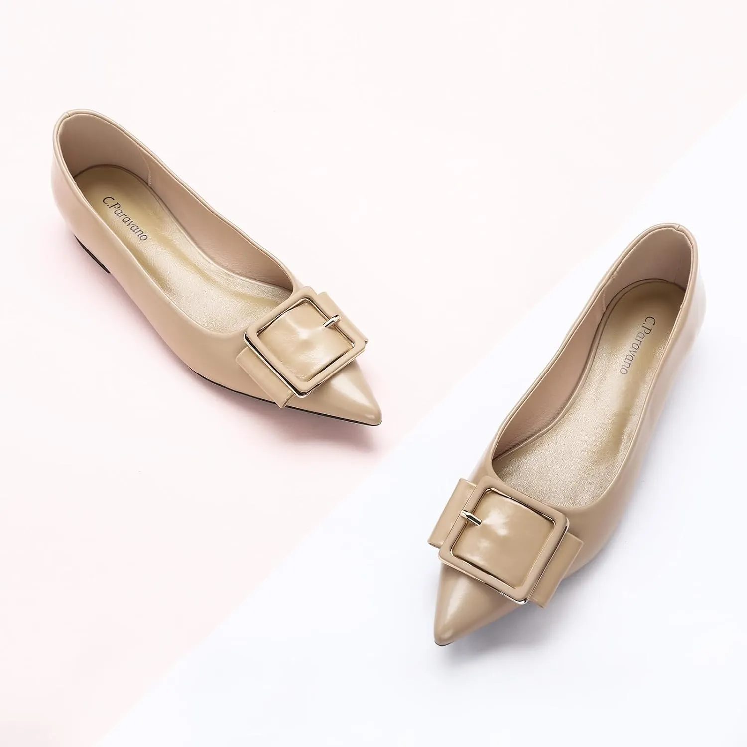 Women's Pointed Toe Square Buckle Flats Elegant Slip-On Ballet Flats Comfortable Dressy Shoes for Work Party Daily Wear