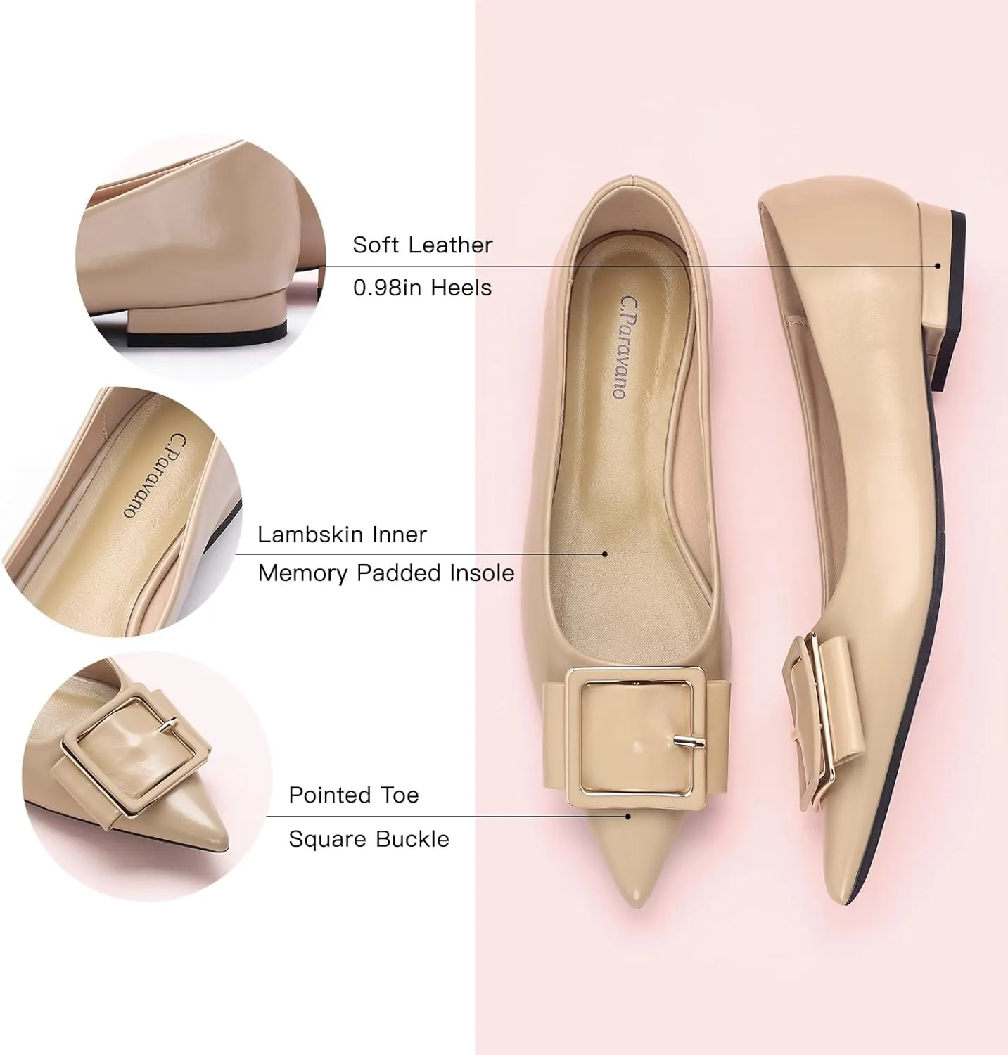 Women's Pointed Toe Square Buckle Flats Elegant Slip-On Ballet Flats Comfortable Dressy Shoes for Work Party Daily Wear