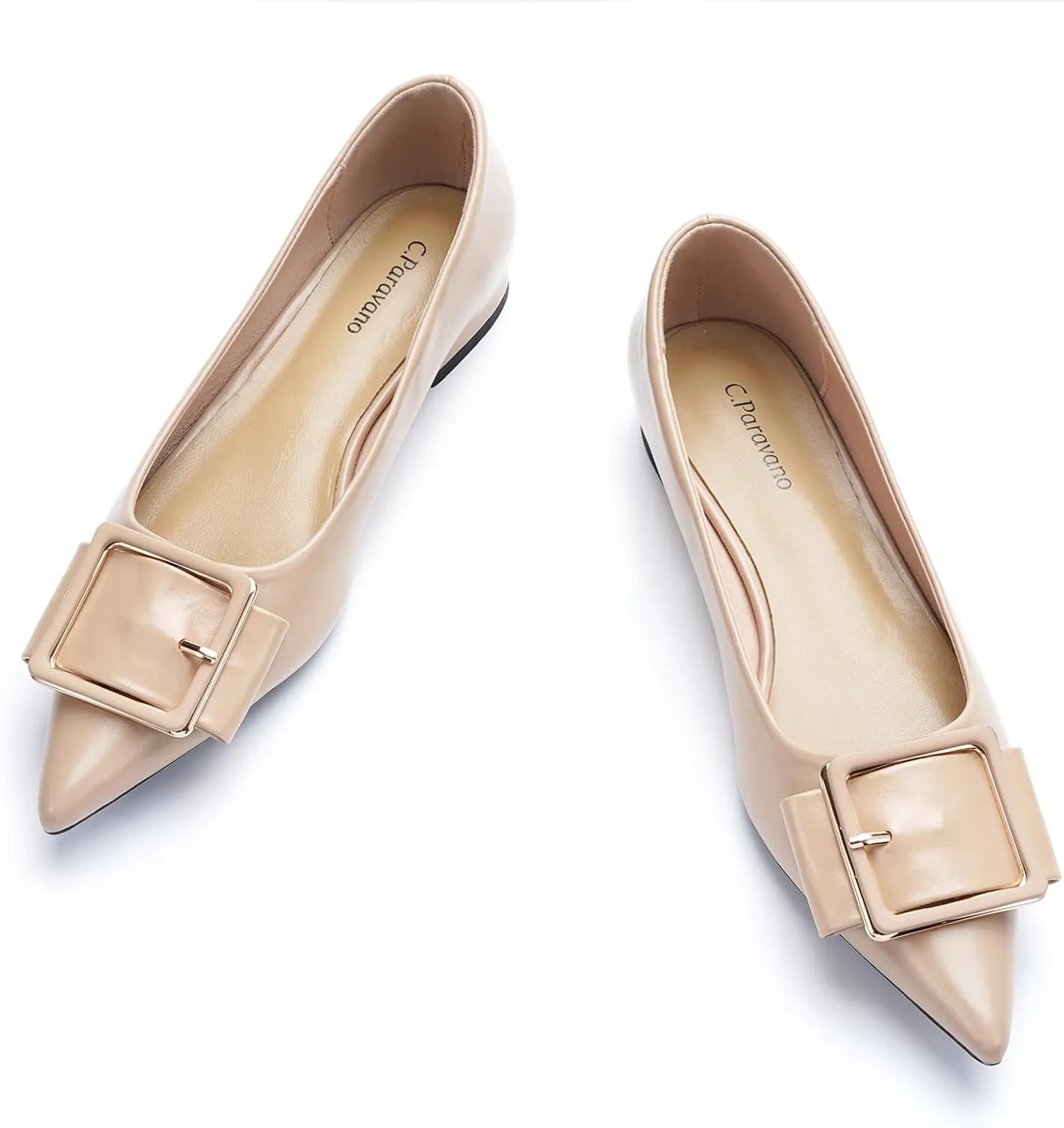 Women's Pointed Toe Square Buckle Flats Elegant Slip-On Ballet Flats Comfortable Dressy Shoes for Work Party Daily Wear