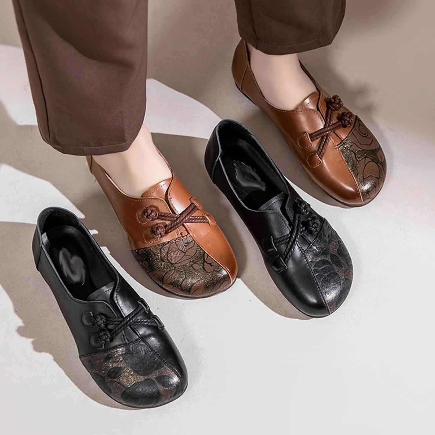 Women's Print Leather Slip-On Flats,Vintage Frog Button Lightweight Comfort Non-Slip Soft Dress Casual Walking Shoes