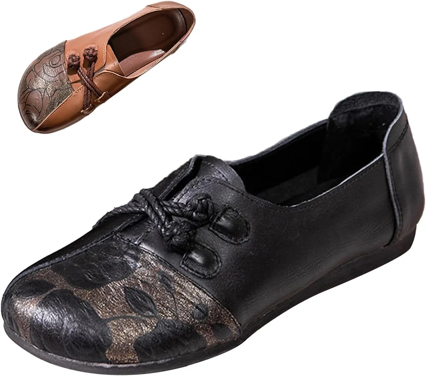 Women's Print Leather Slip-On Flats,Vintage Frog Button Lightweight Comfort Non-Slip Soft Dress Casual Walking Shoes