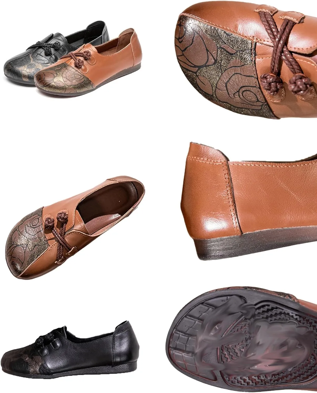 Women's Print Leather Slip-On Flats,Vintage Frog Button Lightweight Comfort Non-Slip Soft Dress Casual Walking Shoes