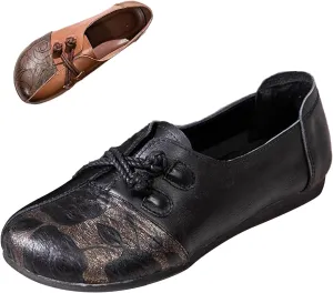 Women's Print Leather Slip-On Flats,Vintage Frog Button Lightweight Comfort Non-Slip Soft Dress Casual Walking Shoes