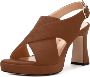 Womens Sandals Open Toe Platform Sandals Buckle Adjustable Strap Heeled Sandals Fashion Solid Suede High Heels