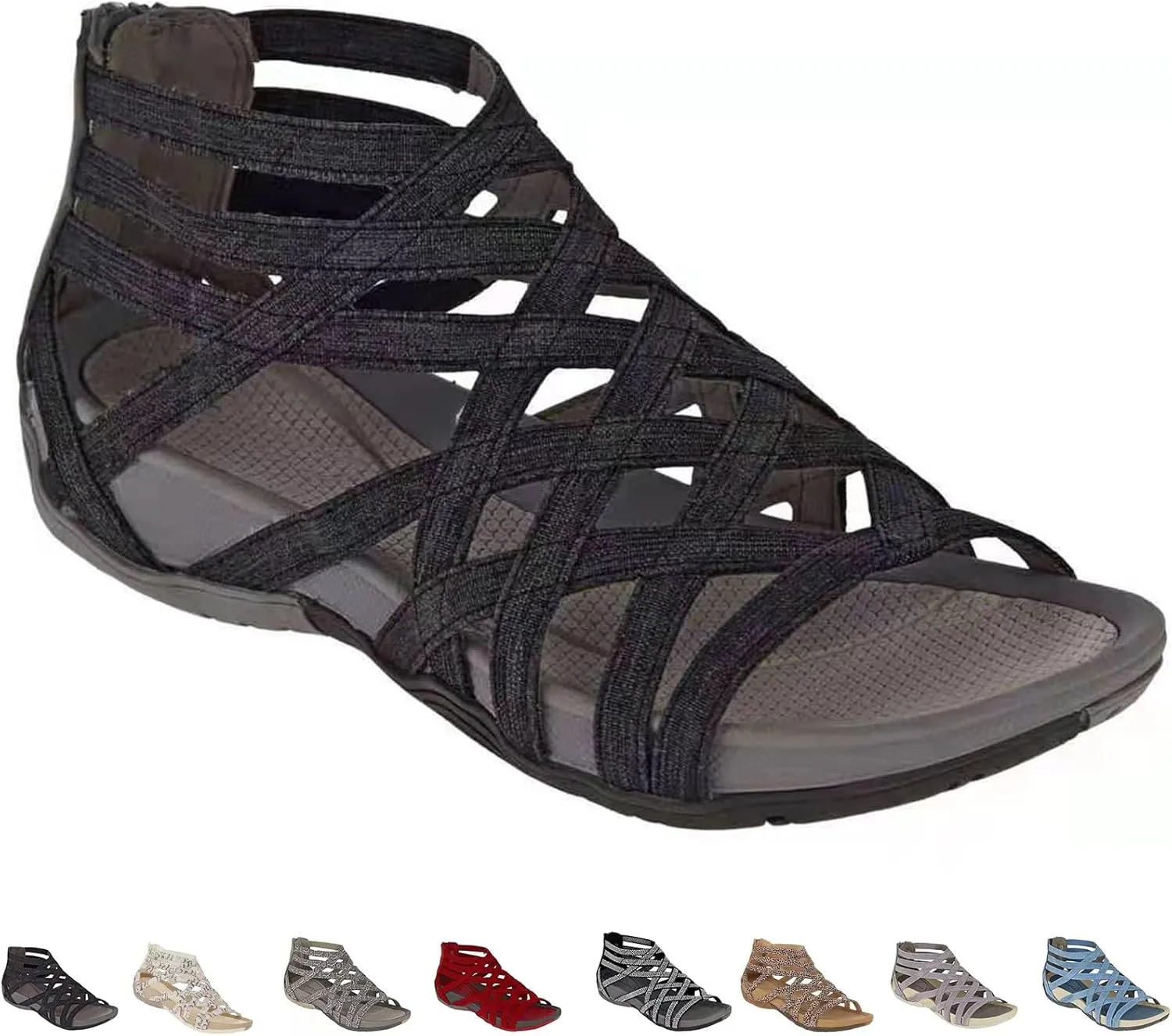 Women's Sandals Round Open Toe Hollow Roman Gladiator Bandage Design Flip Flops, Summer Sandals with Back Zipper Daily Shoes