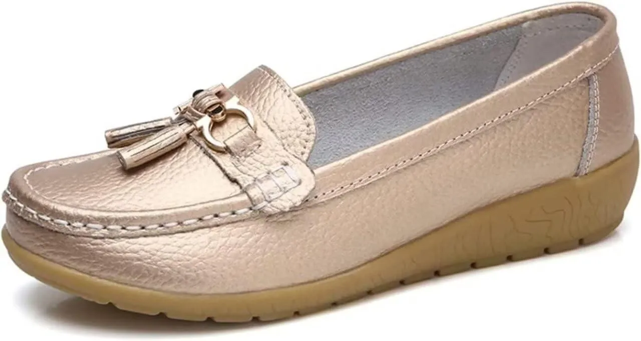 Womens Slip On Penny Loafers Soft Cow Casual Leather Moccasin Boat Shoes Non-Slip Wedge Dress Shoe