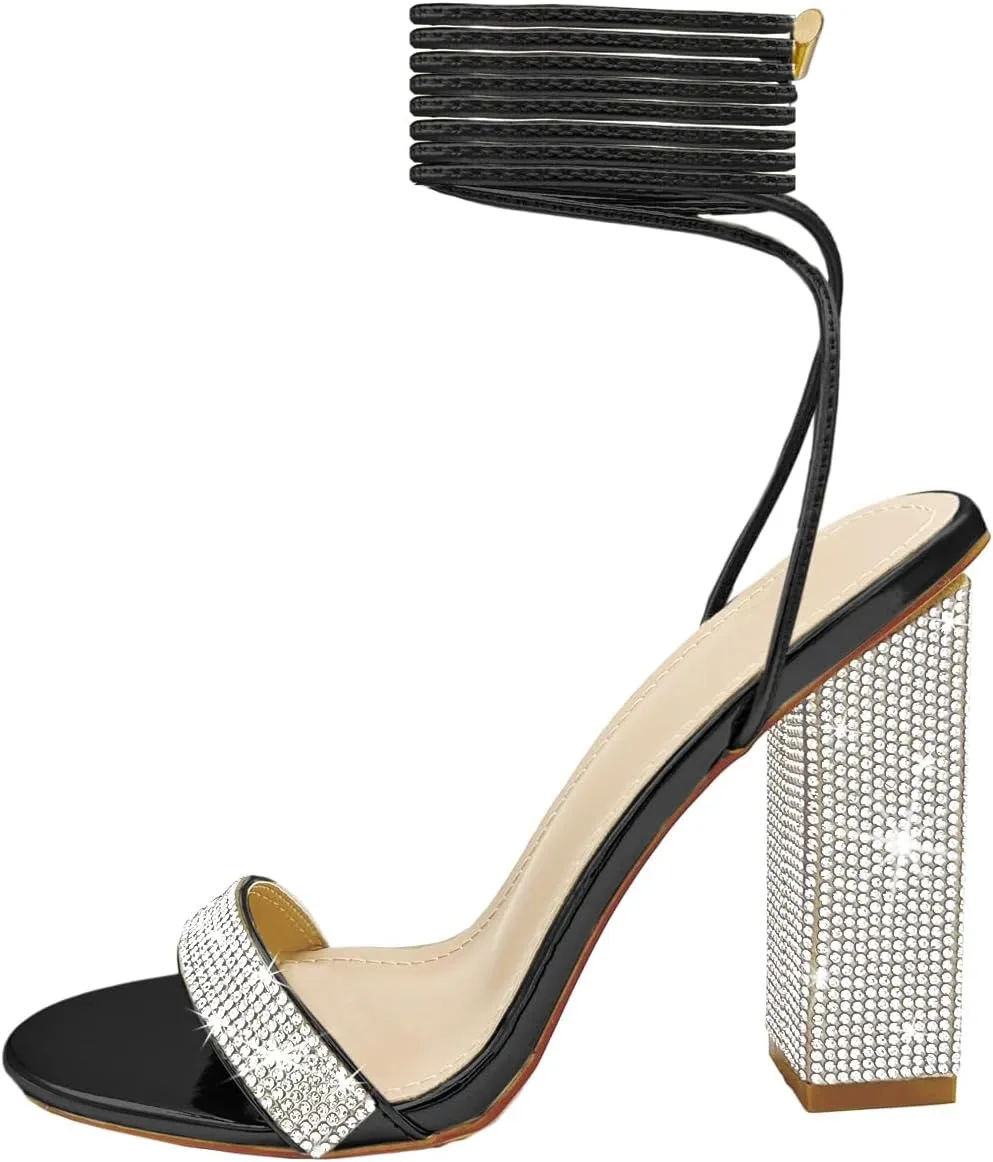 Women's Sparkly Rhinestones Sandals for Women Ankle Strappy Chunky Block Heels Sandals