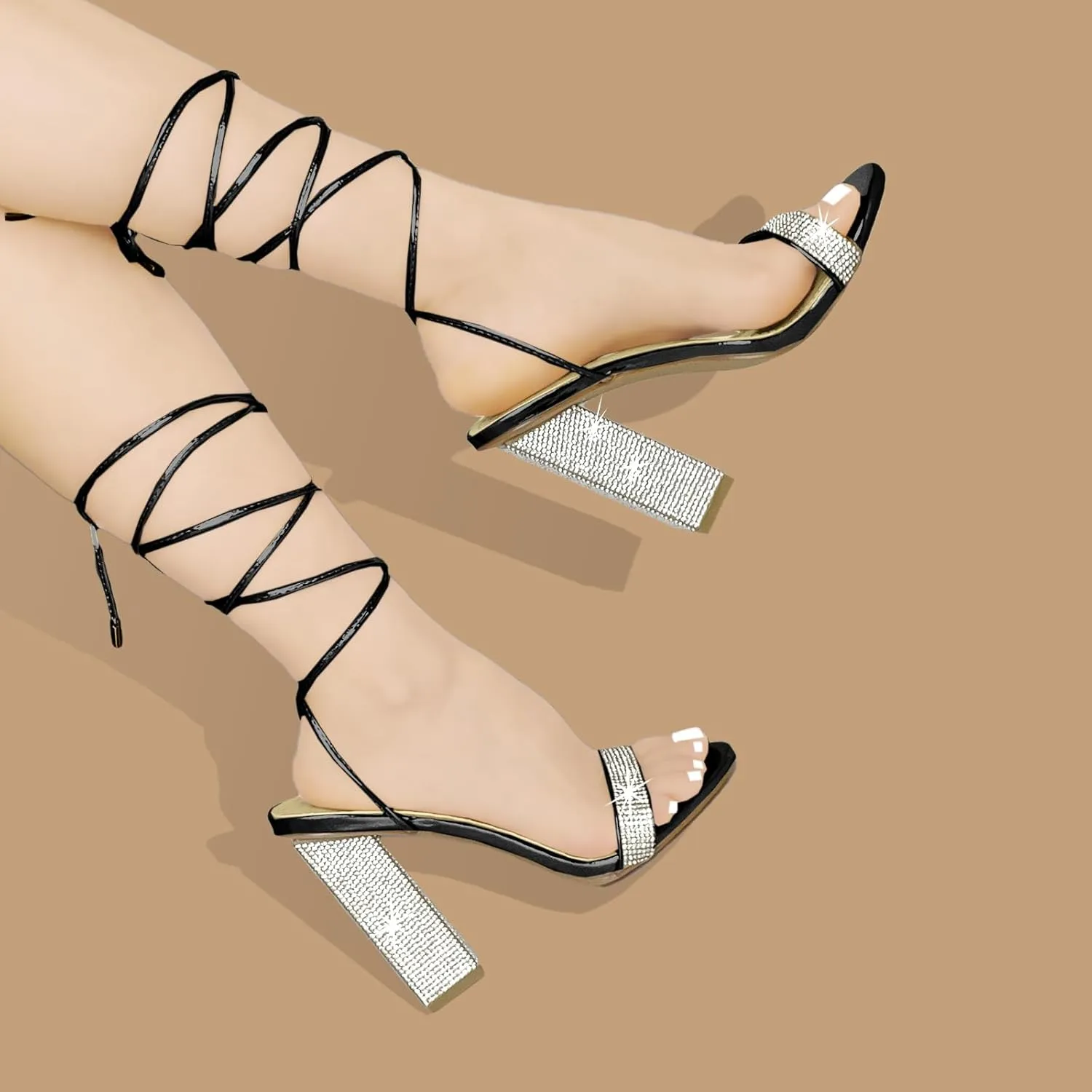 Women's Sparkly Rhinestones Sandals for Women Ankle Strappy Chunky Block Heels Sandals