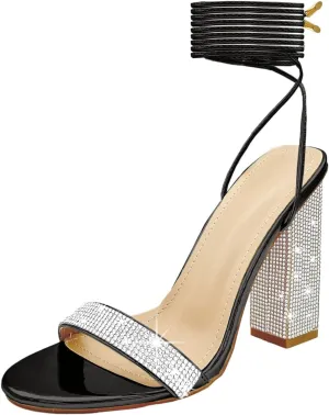 Women's Sparkly Rhinestones Sandals for Women Ankle Strappy Chunky Block Heels Sandals