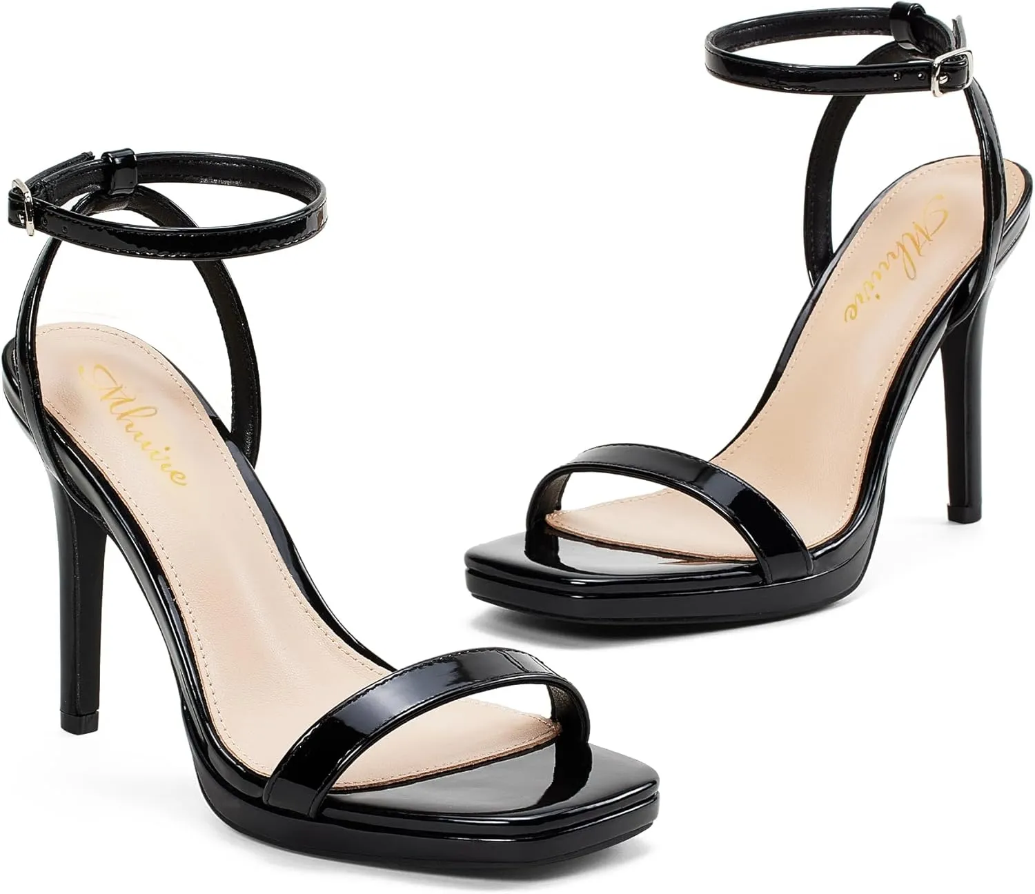 Women’s Stiletto Strappy Heeled Sandals, 4.3 Inch Square Open Toe Sexy High Heels Ankle Strap Buckle Heels for Party Wedding Dress Daily Wear Shoes
