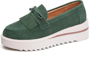 Women's Tassel Suede Platform Loafers Fashion Bow Comfortable Round Toe Slip On Anti-Slip Wedge Walking Shoes for Daily Driving Work Casual Shoes
