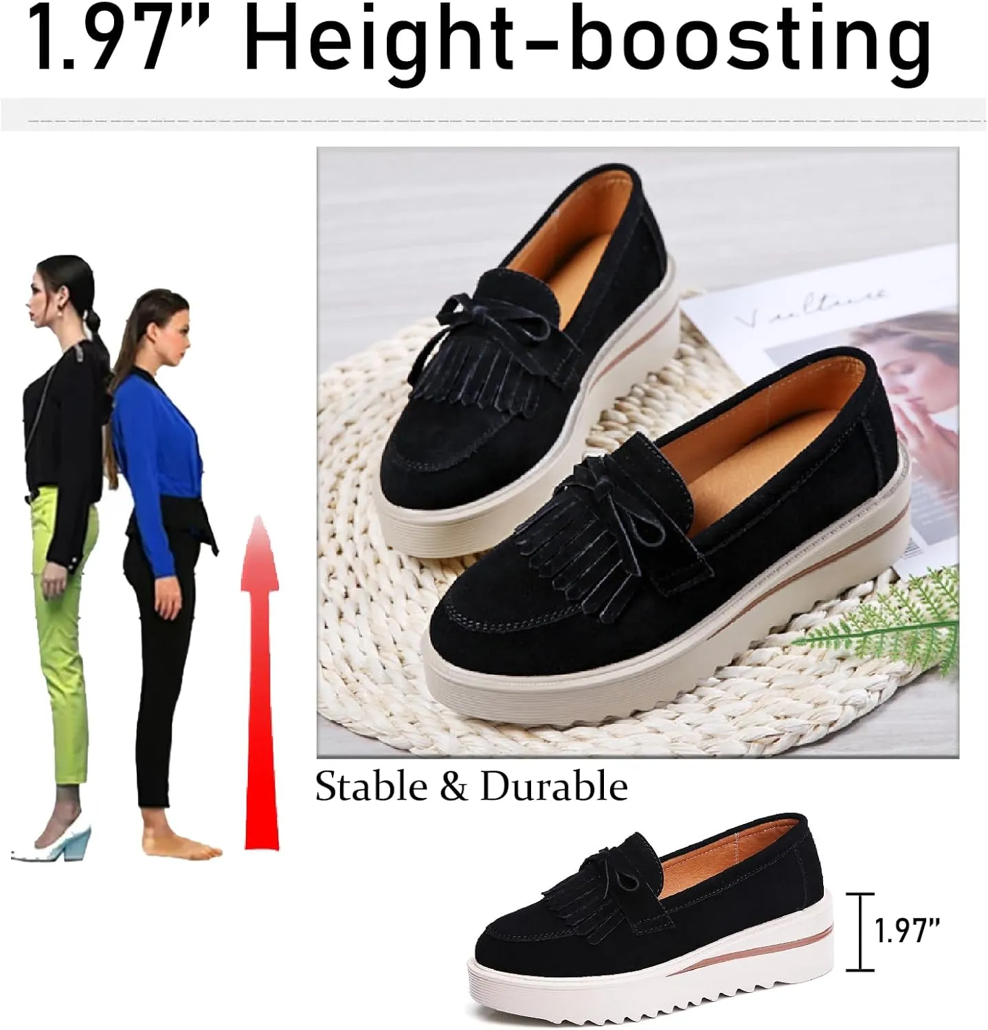 Women's Tassel Suede Platform Loafers Fashion Bow Comfortable Round Toe Slip On Anti-Slip Wedge Walking Shoes for Daily Driving Work Casual Shoes